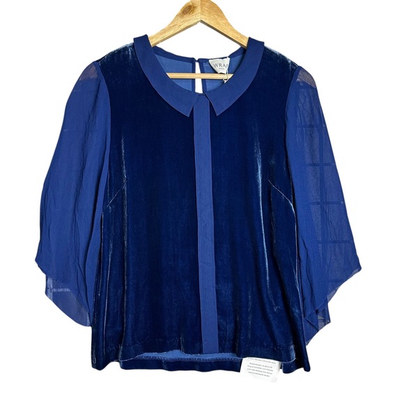 Wrap London Tops - Wrap London 6 Blue Velvet Silk Peter Pan Collar Blouse Sheer Holiday Party retro